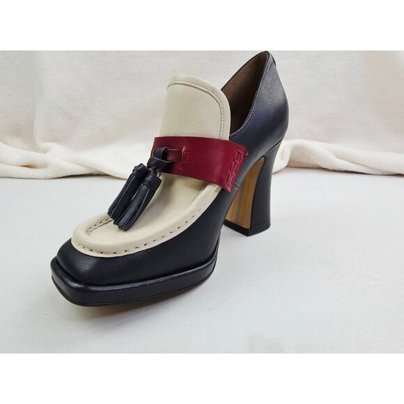 Sam Edelman Size 5 Women Navy Ivory Red Jed Tassel Slip On Block Heel Logo Shoes - Picture 1 of 14